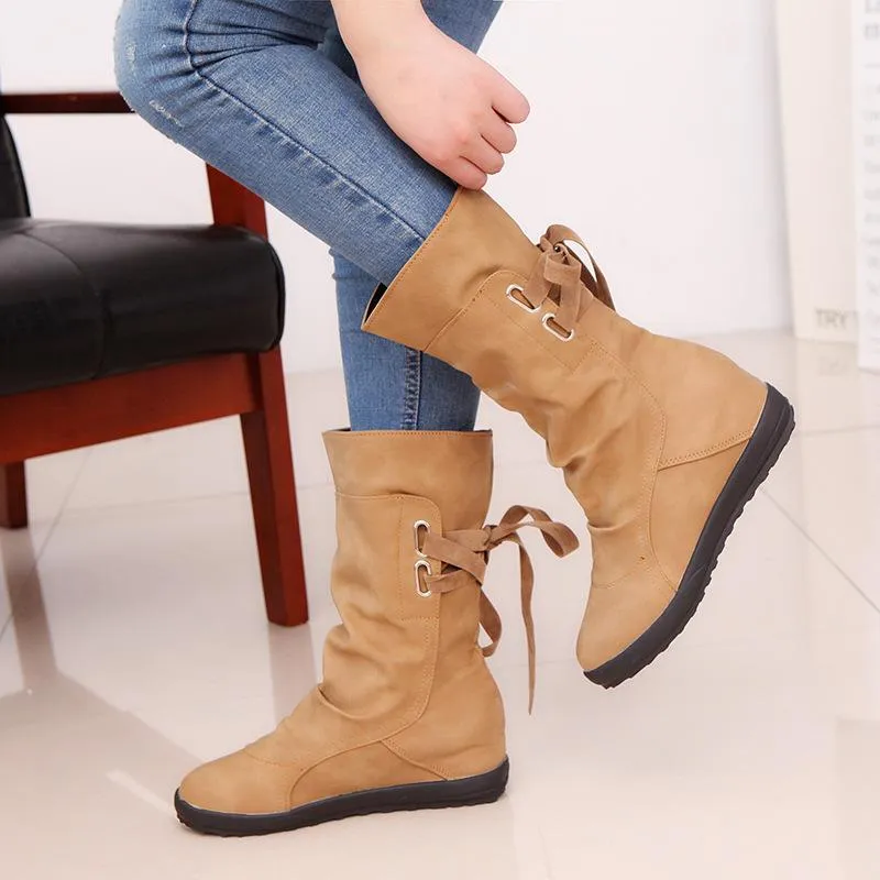 Back tie-up mid calf boots inner increasing mid calf boots
