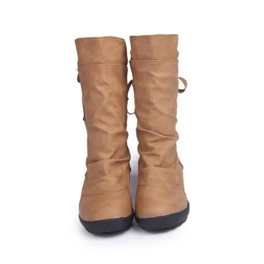 Back tie-up mid calf boots inner increasing mid calf boots