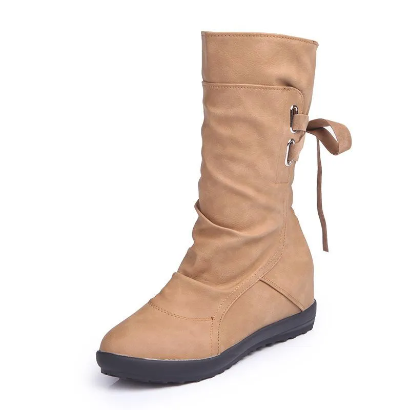Back tie-up mid calf boots inner increasing mid calf boots