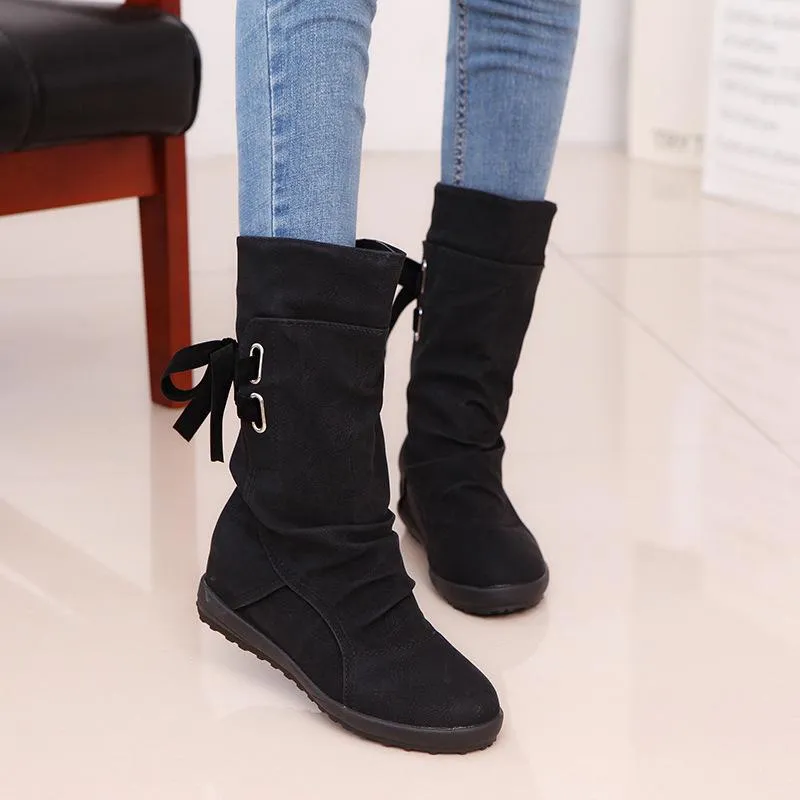 Back tie-up mid calf boots inner increasing mid calf boots