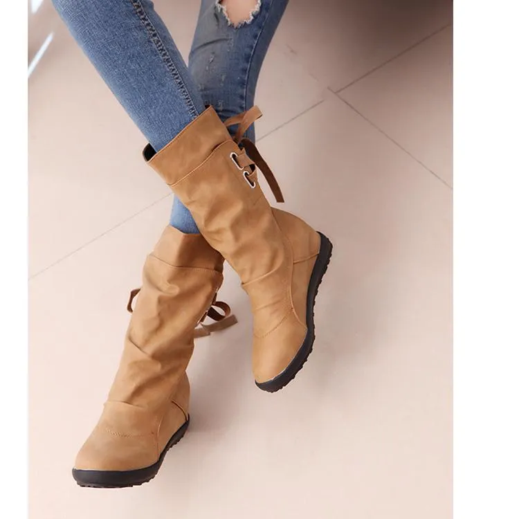 Back tie-up mid calf boots inner increasing mid calf boots