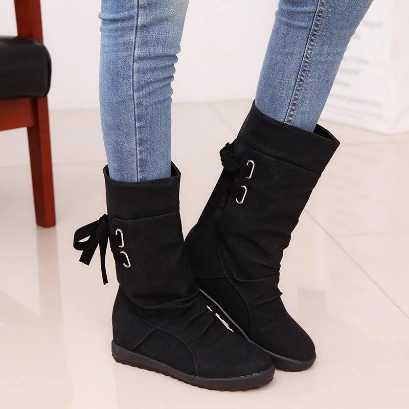 Back tie-up mid calf boots inner increasing mid calf boots