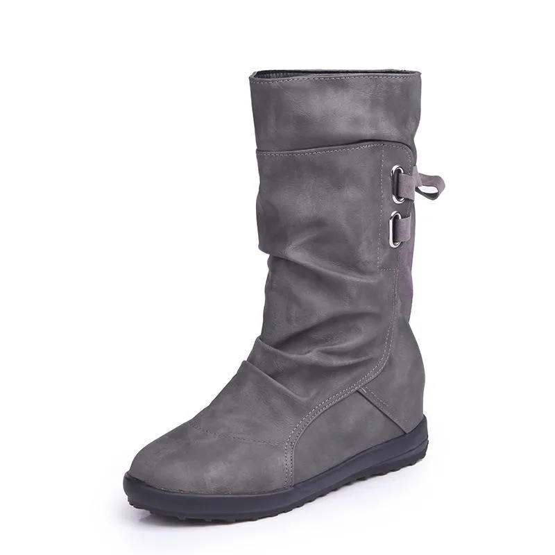 Back tie-up mid calf boots inner increasing mid calf boots