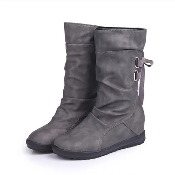 Back tie-up mid calf boots inner increasing mid calf boots