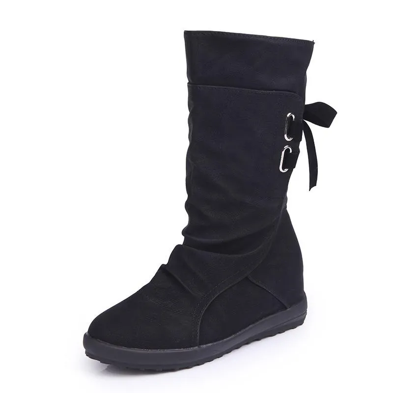 Back tie-up mid calf boots inner increasing mid calf boots
