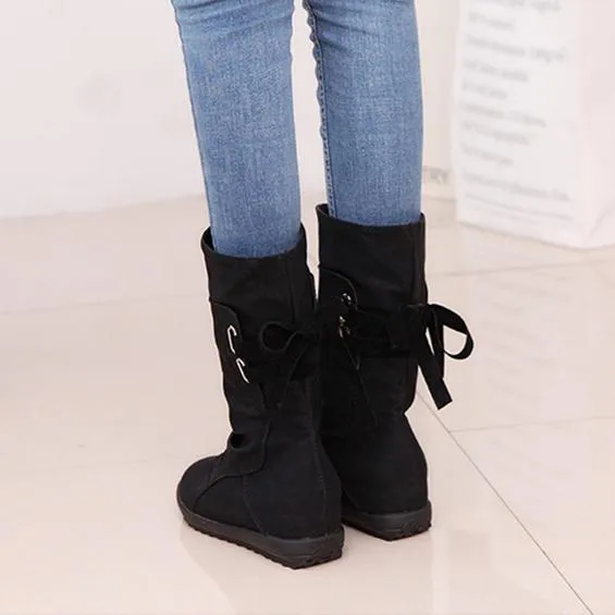 Back tie-up mid calf boots inner increasing mid calf boots