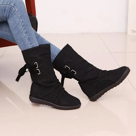 Back tie-up mid calf boots inner increasing mid calf boots