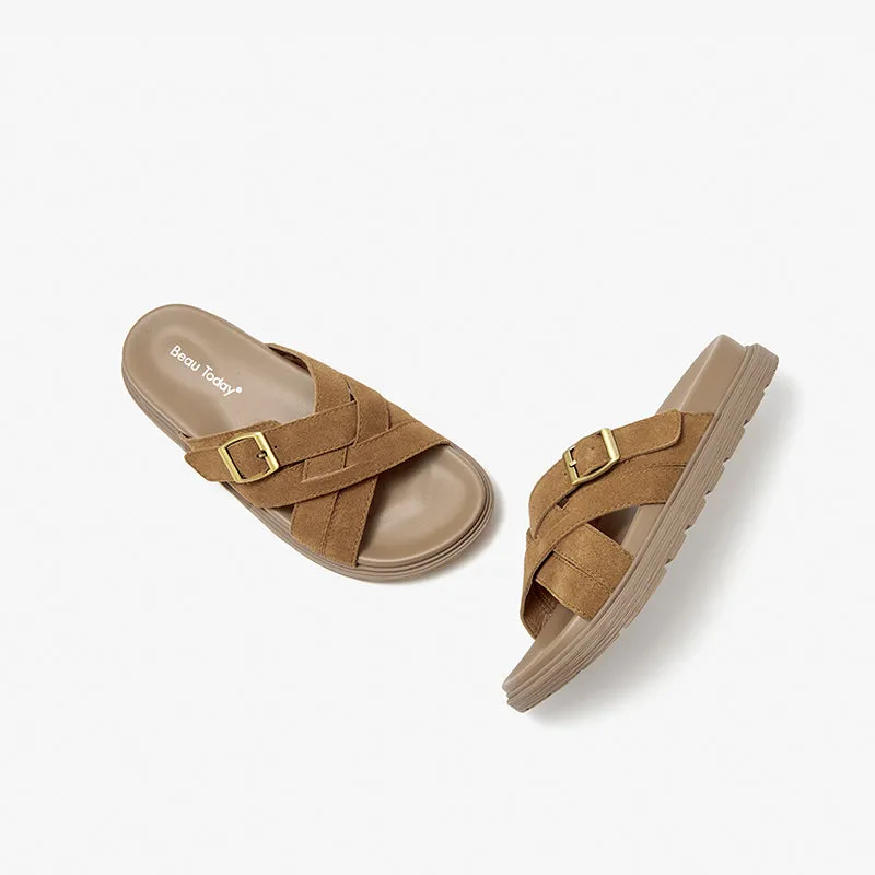 BeauToday Womens Cow Suede Cross Band Platform Sandals with Open Toe for Summer