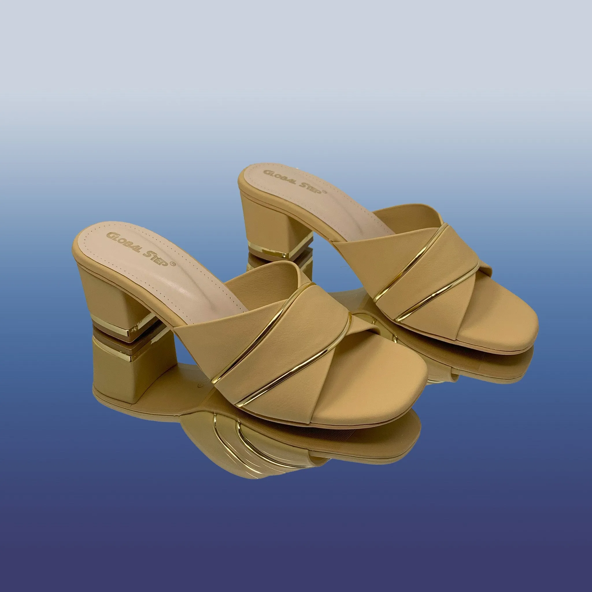 Beige Block Heel with Gold Accents