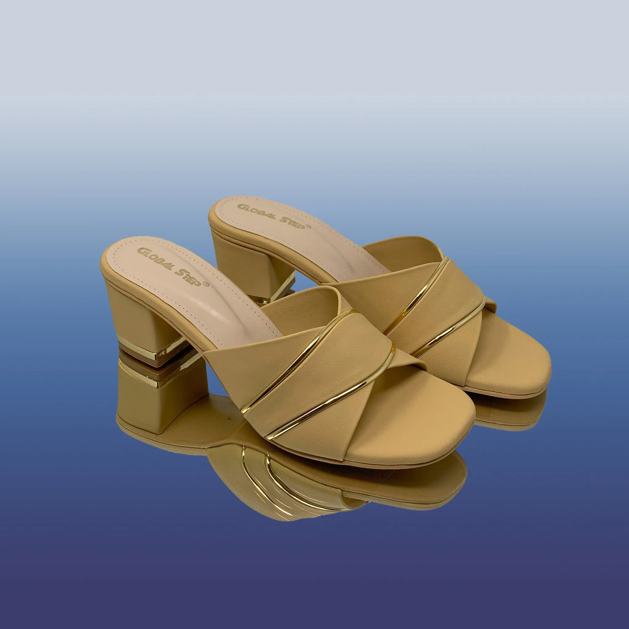 Beige Block Heel with Gold Accents