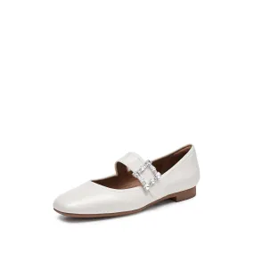 Beige Crystal buckle Mary Jane Flats