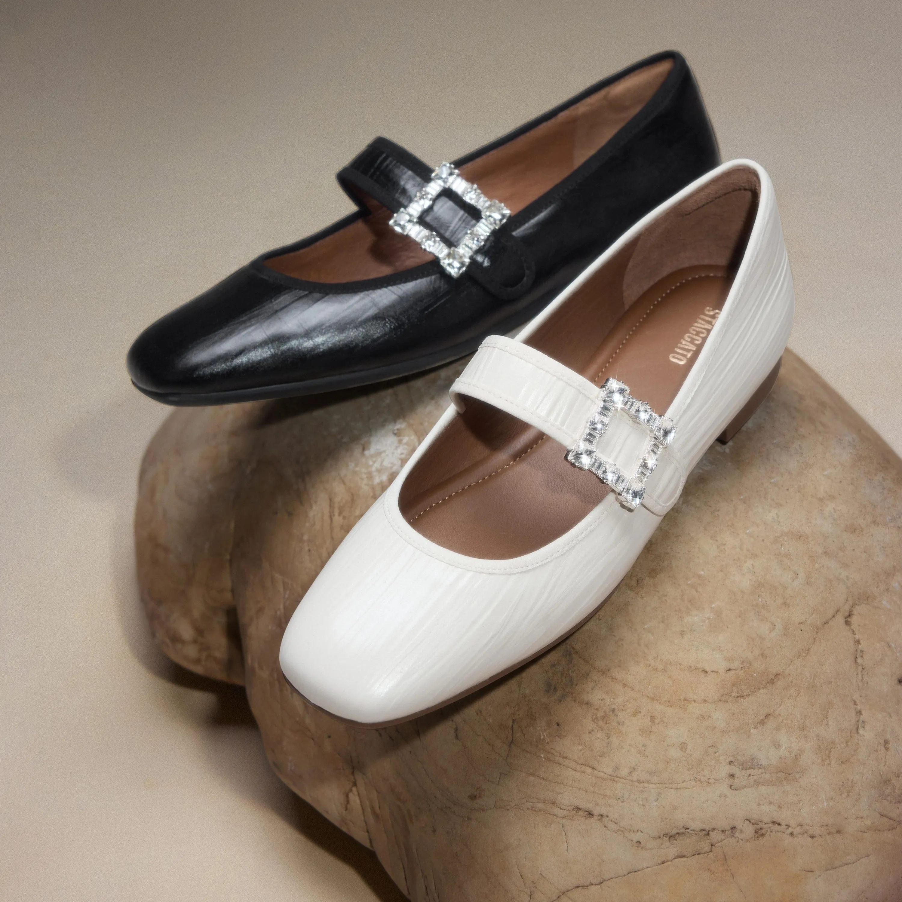 Beige Crystal buckle Mary Jane Flats