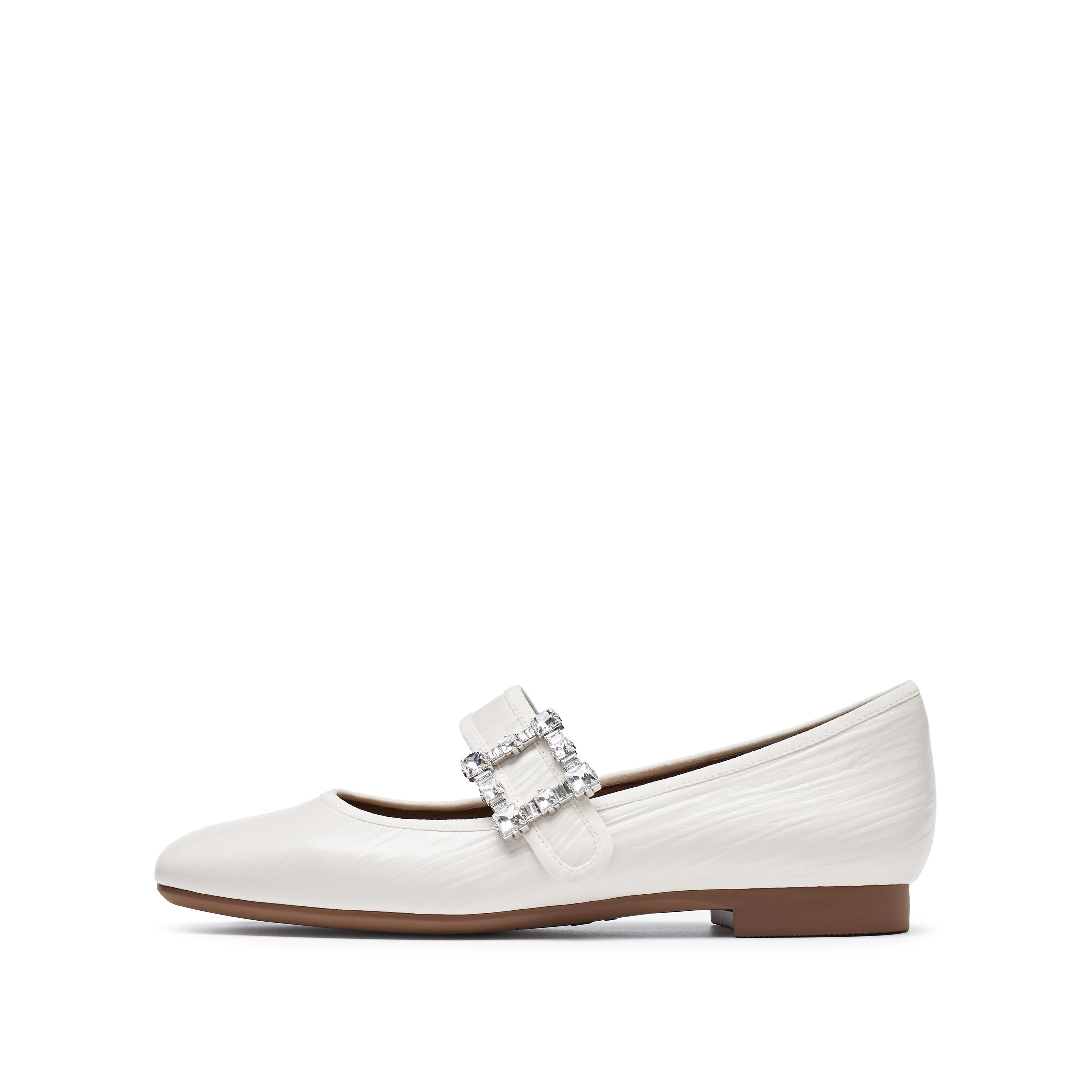 Beige Crystal buckle Mary Jane Flats