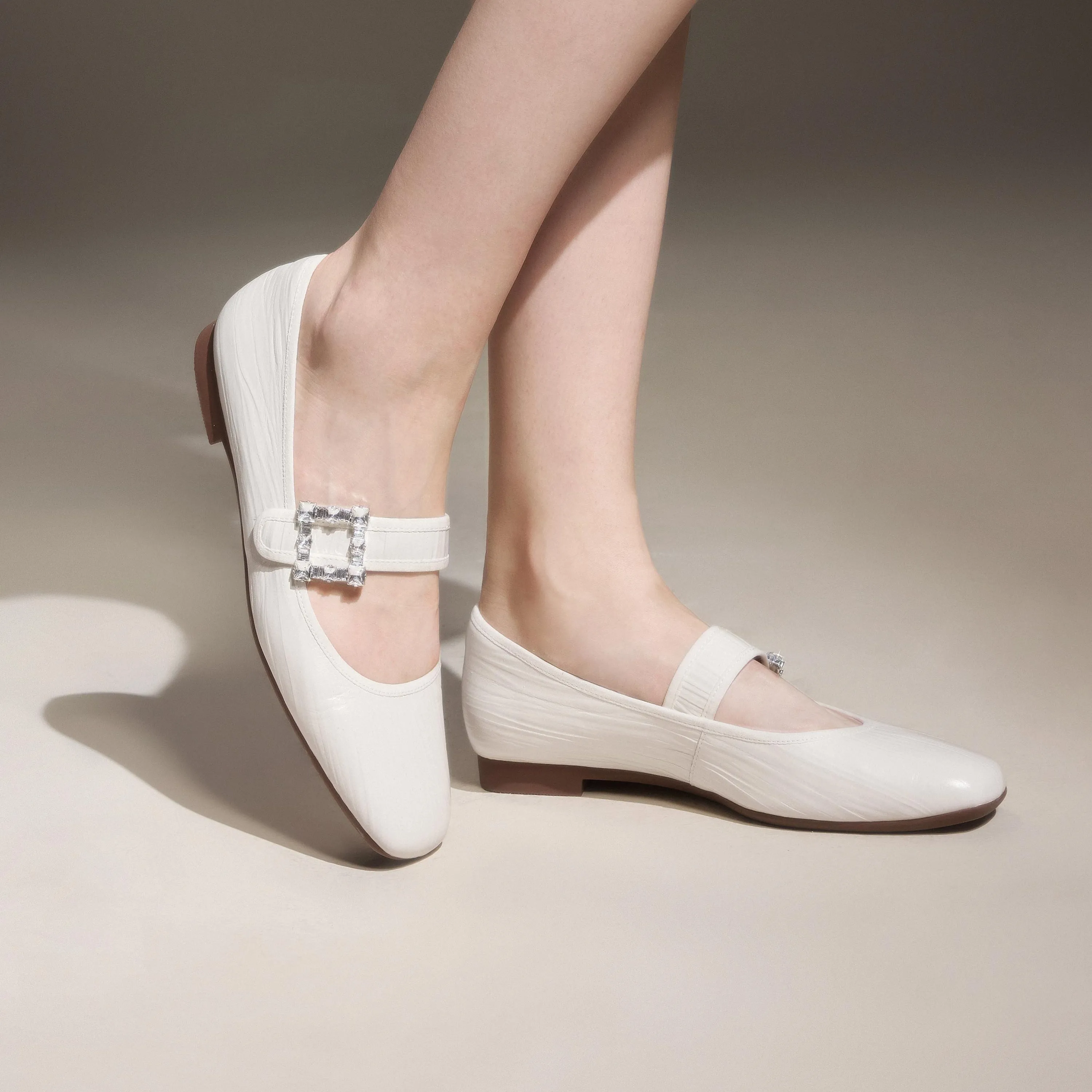 Beige Crystal buckle Mary Jane Flats