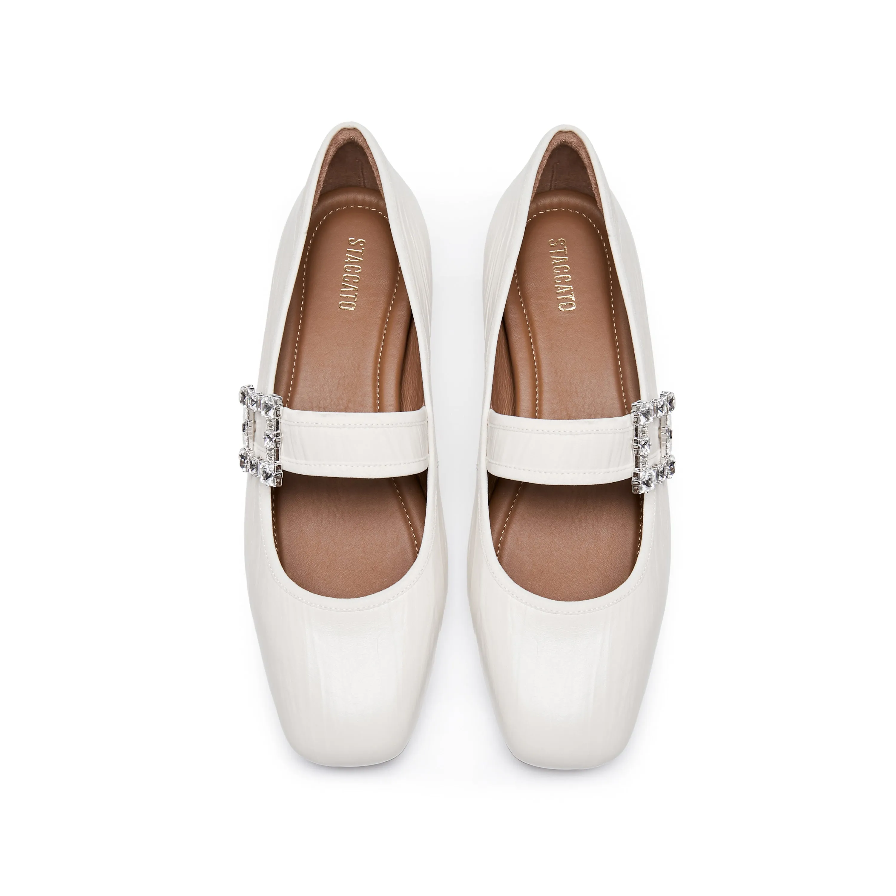 Beige Crystal buckle Mary Jane Flats
