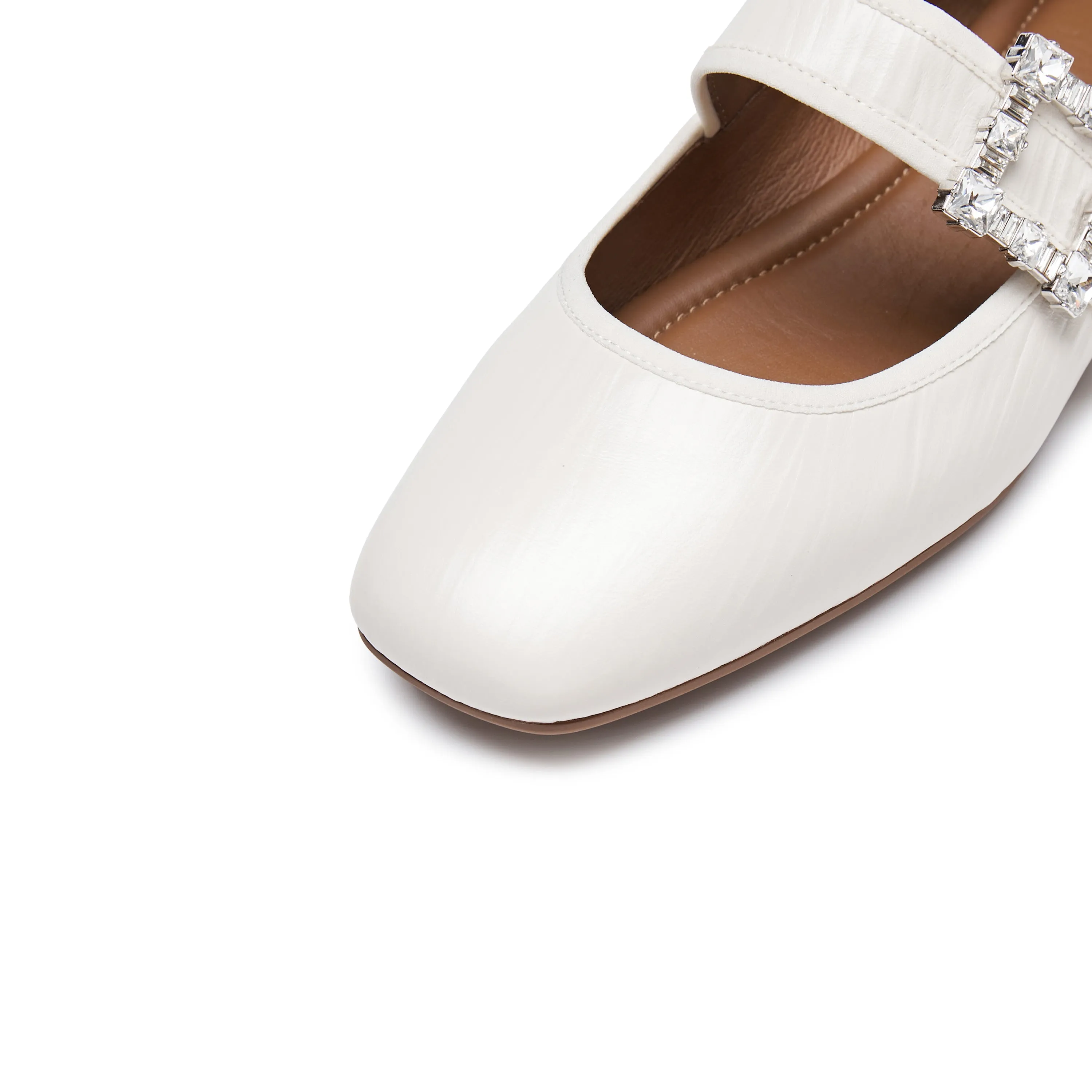 Beige Crystal buckle Mary Jane Flats