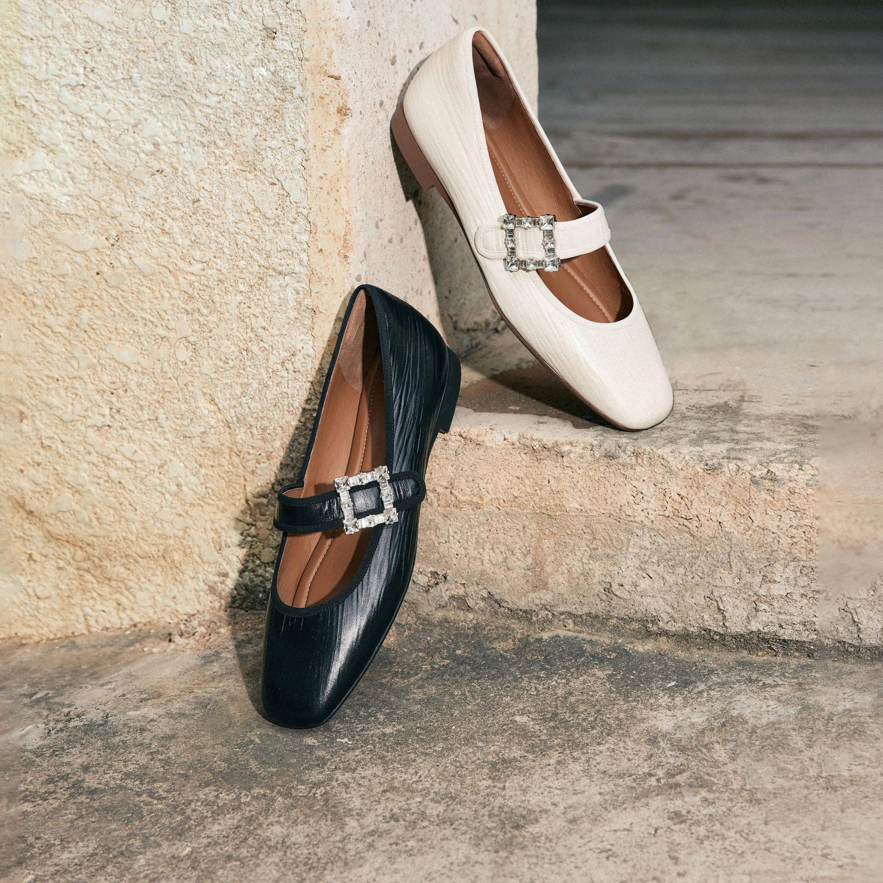 Beige Crystal buckle Mary Jane Flats