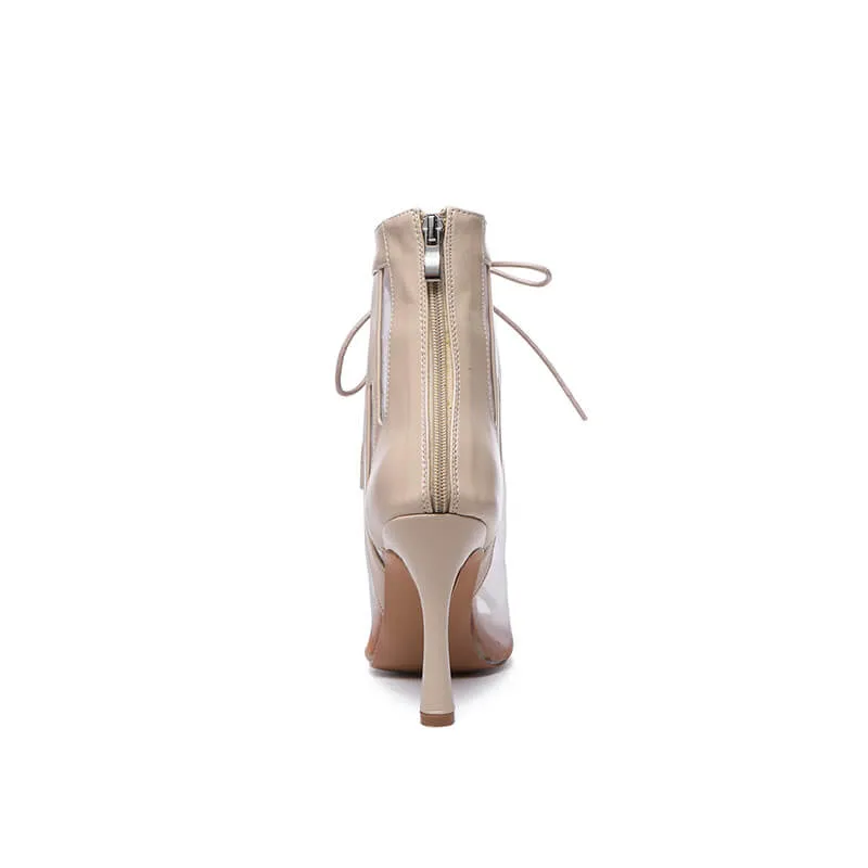 Beige Lace Up Mesh Peep Toe Dance Boots