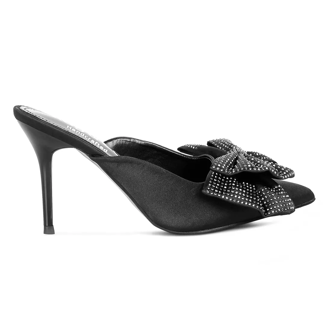Black Diamante Bow Heeled Mules