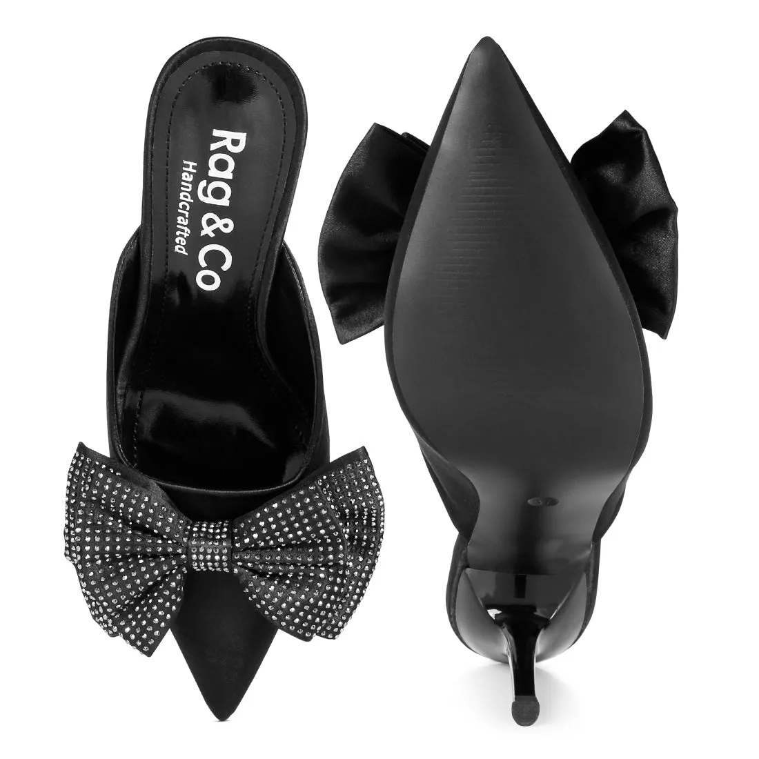 Black Diamante Bow Heeled Mules
