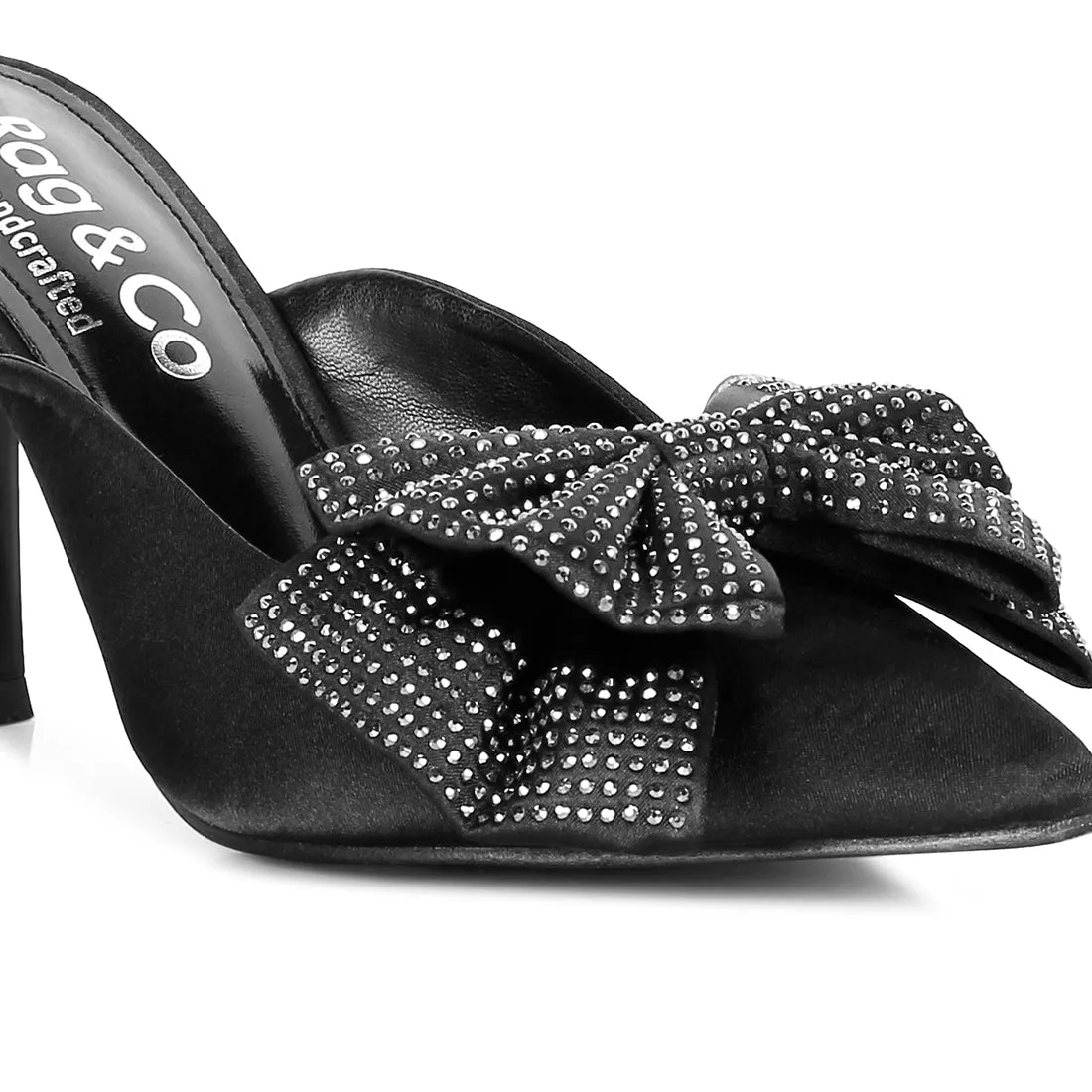 Black Diamante Bow Heeled Mules