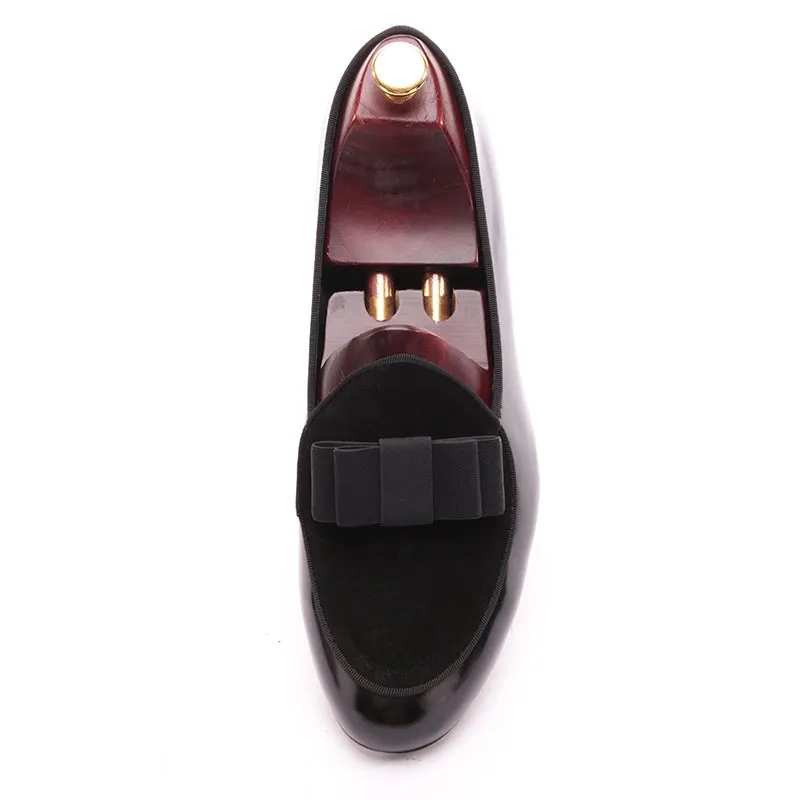 Black Velvet and Patent Leather Black Bow Loafers