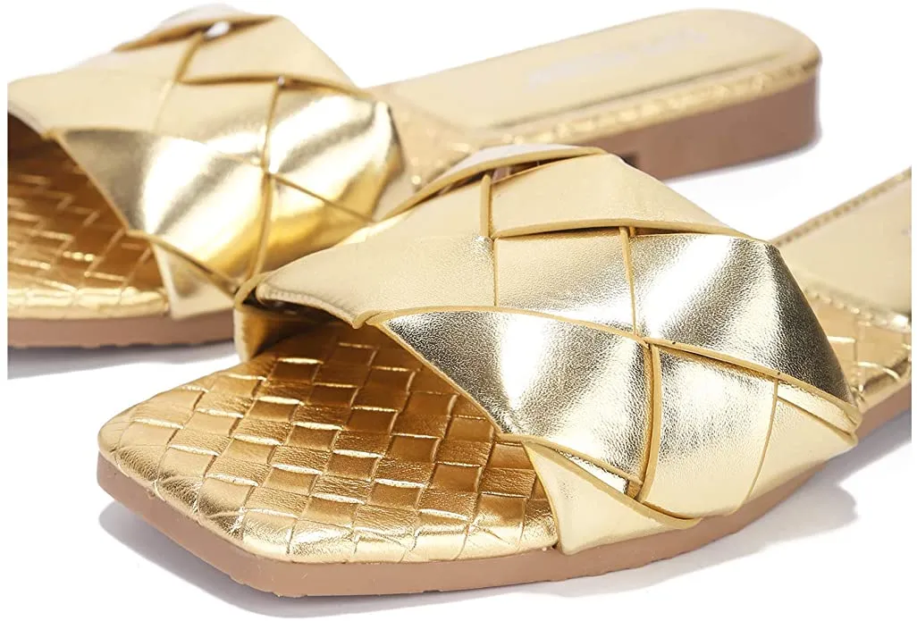 Cape Robbin Deja Woven Mules Slip On Flat Slides Sandals Gold (7, GOLD)