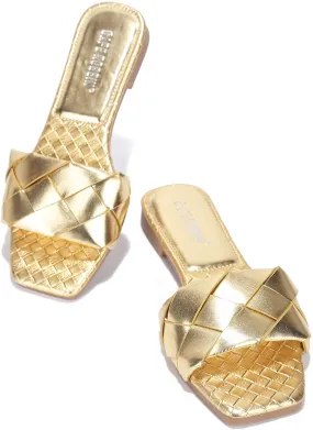 Cape Robbin Deja Woven Mules Slip On Flat Slides Sandals Gold (7, GOLD)