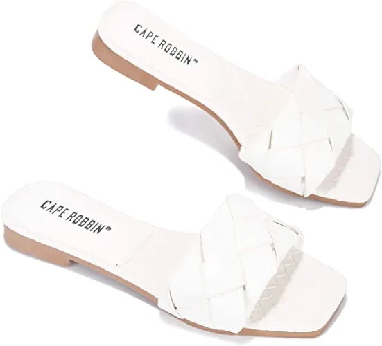 Cape Robbin Deja Woven Mules Slip On Flat Slides Sandals WHITE (7, WHITE)
