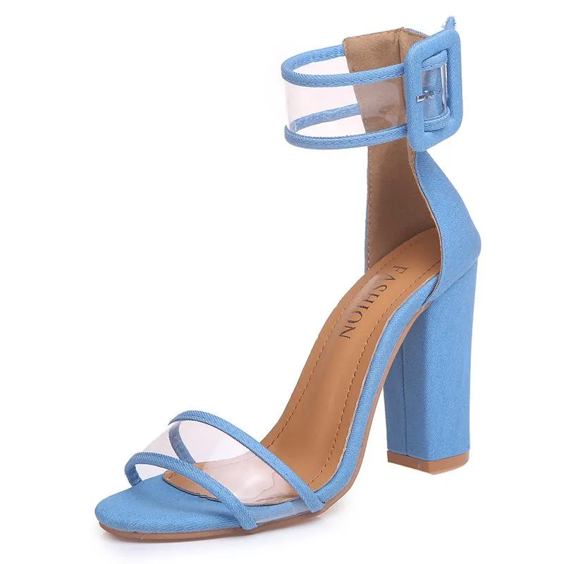 Clear strap ankle buckle chunky high heels sandals
