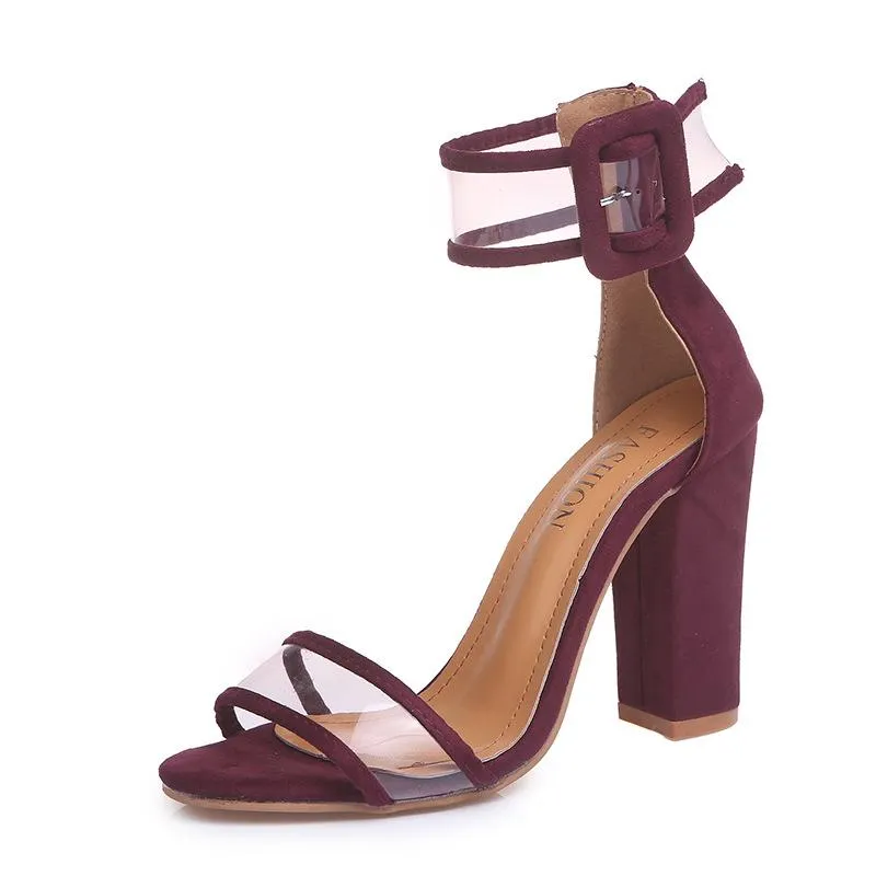 Clear strap ankle buckle chunky high heels sandals