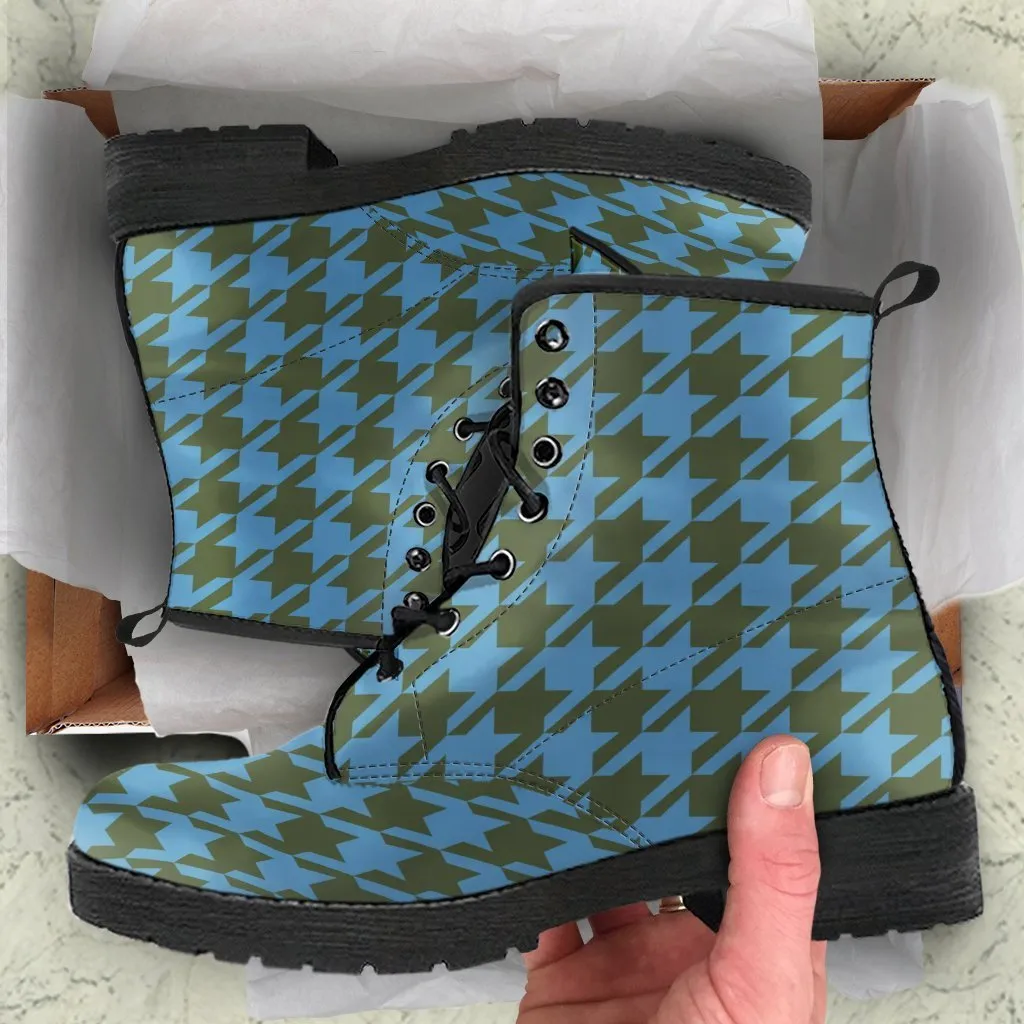 Combat Boots - Blue Houndstooth | Boho Shoes, Handmade Lace Up Boots, Vegan Leather Lace Up Boots, 90s Boots, 2000s Boots
