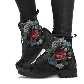 Combat Boots - Vintage Flowers with Black Lace Print | Custom Shoes, Vegan Leather Lace Up Boots Women, Women's Boots