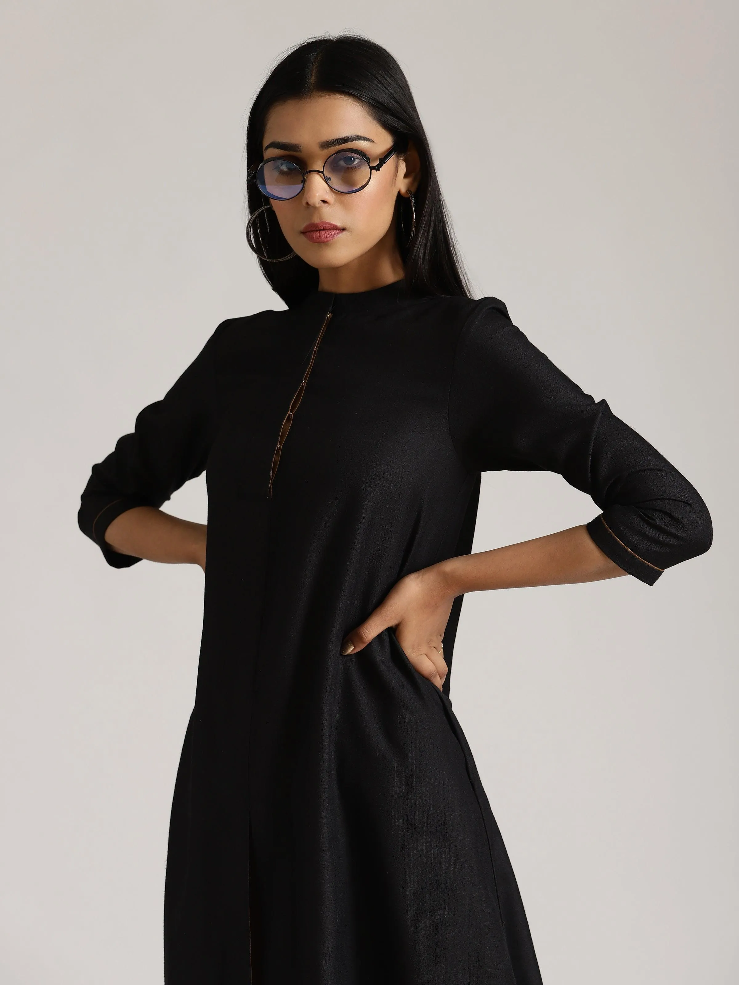 Cotton Linen Black Kurta Pant Set