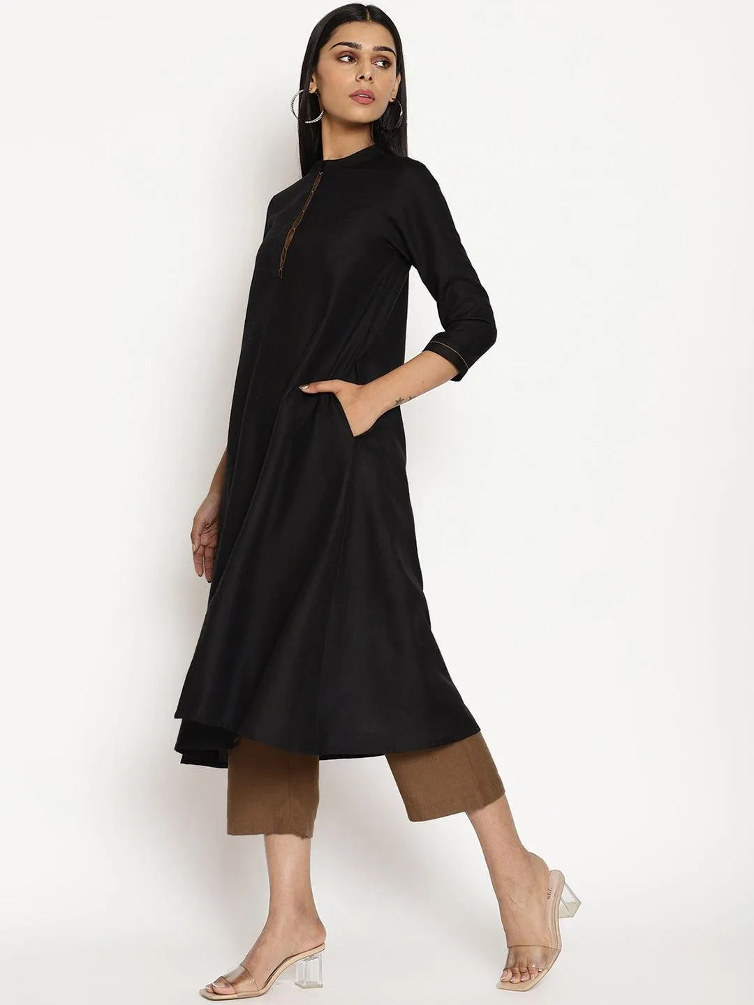 Cotton Linen Black Kurta Pant Set