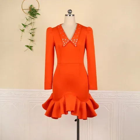 Devika V-Neck Beaded Long Sleeves Casual Short Dress with Pockets