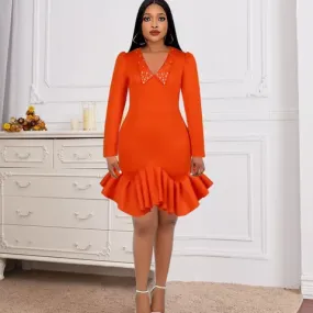 Devika V-Neck Beaded Long Sleeves Casual Short Dress with Pockets