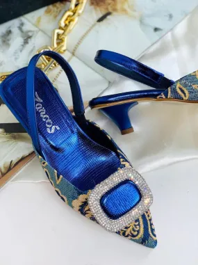 Elegant Printed Blue Faux Leather Heels with Silver Diamond Decor - Deminis Atelier