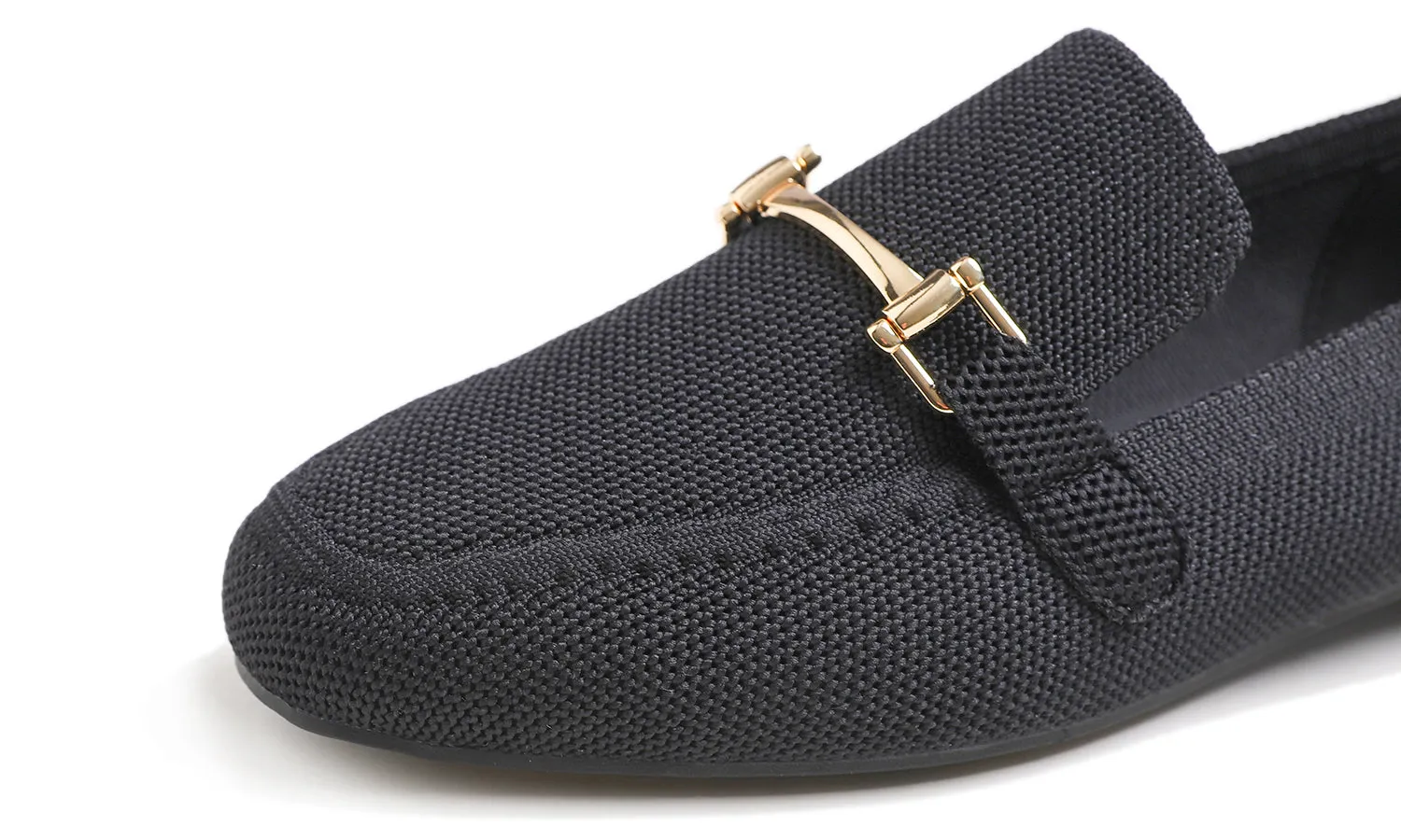 Feversole Women's Woven Fashion Breathable Knit Flat Shoes Black Color Loafer Metal Trim