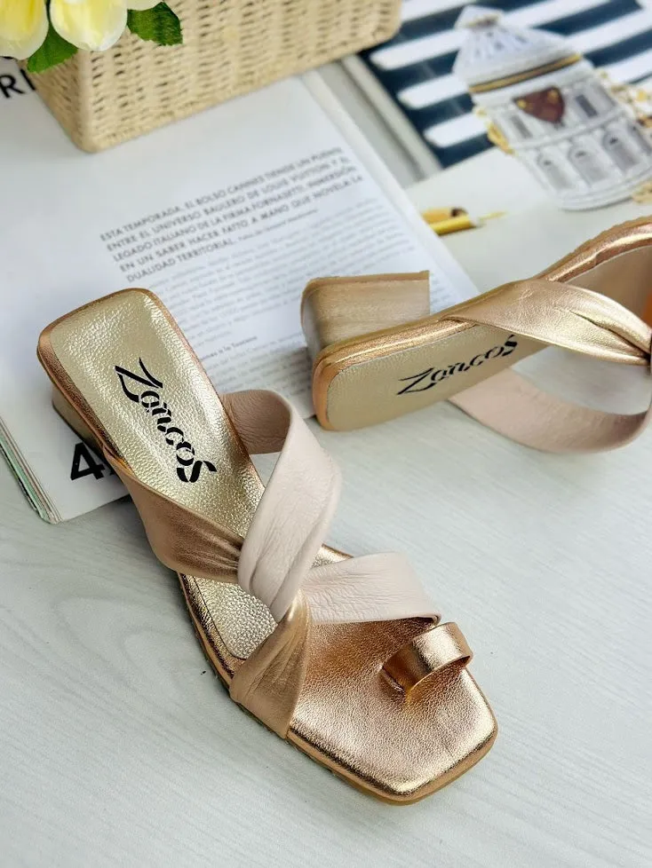 Gold Strappy Heeled Sandals, Square Toe