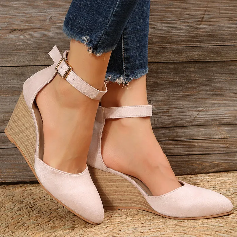 High heel wedge sandals  ankle strap side hollow closed toe sandals