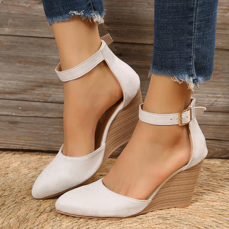 High heel wedge sandals  ankle strap side hollow closed toe sandals