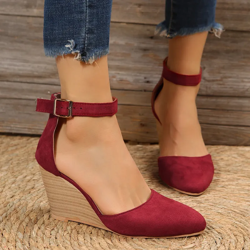 High heel wedge sandals  ankle strap side hollow closed toe sandals