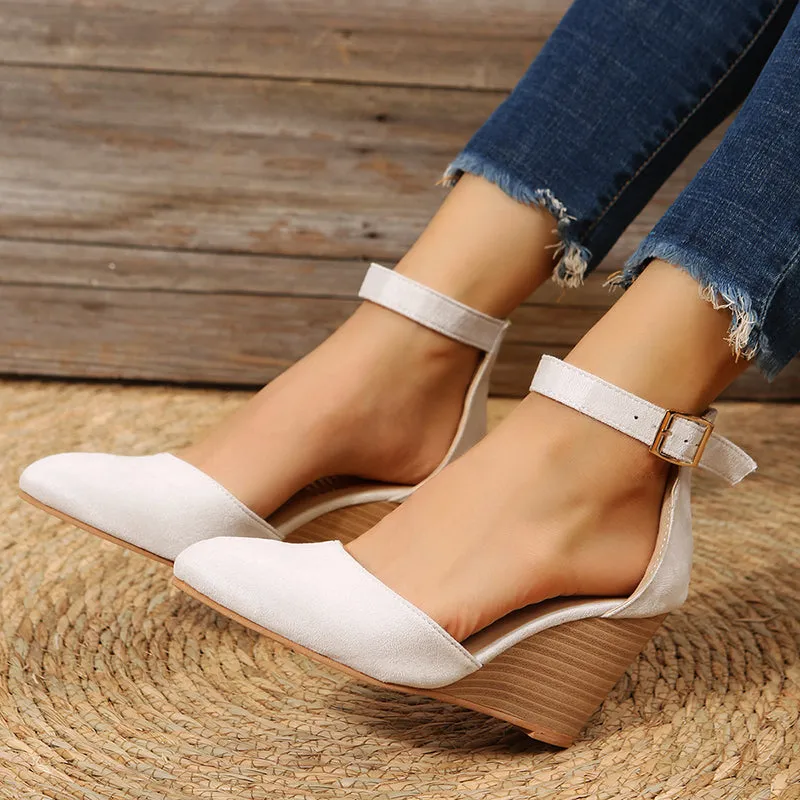 High heel wedge sandals  ankle strap side hollow closed toe sandals