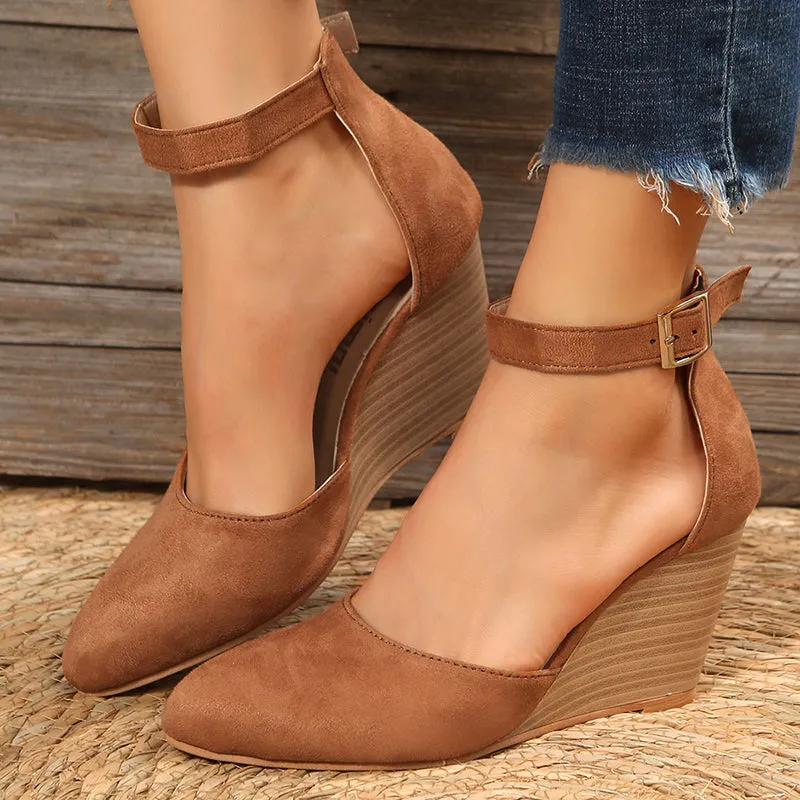 High heel wedge sandals  ankle strap side hollow closed toe sandals