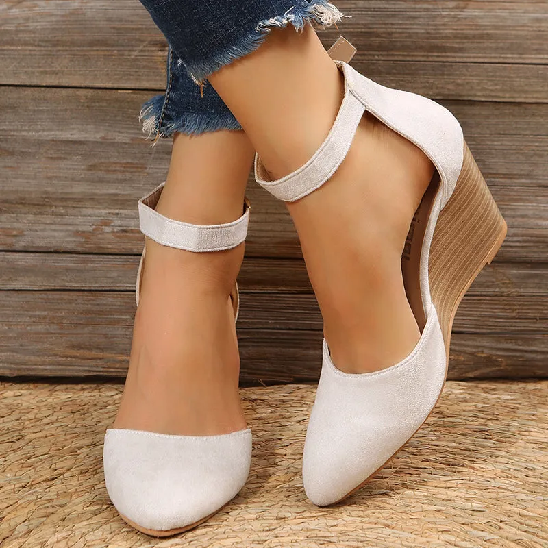 High heel wedge sandals  ankle strap side hollow closed toe sandals