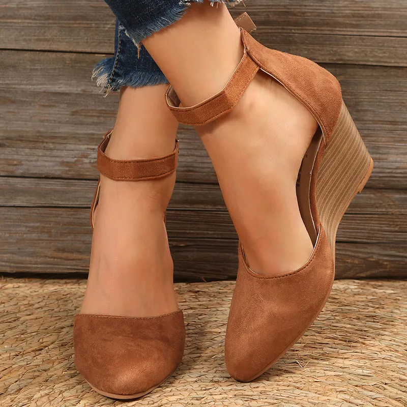 High heel wedge sandals  ankle strap side hollow closed toe sandals