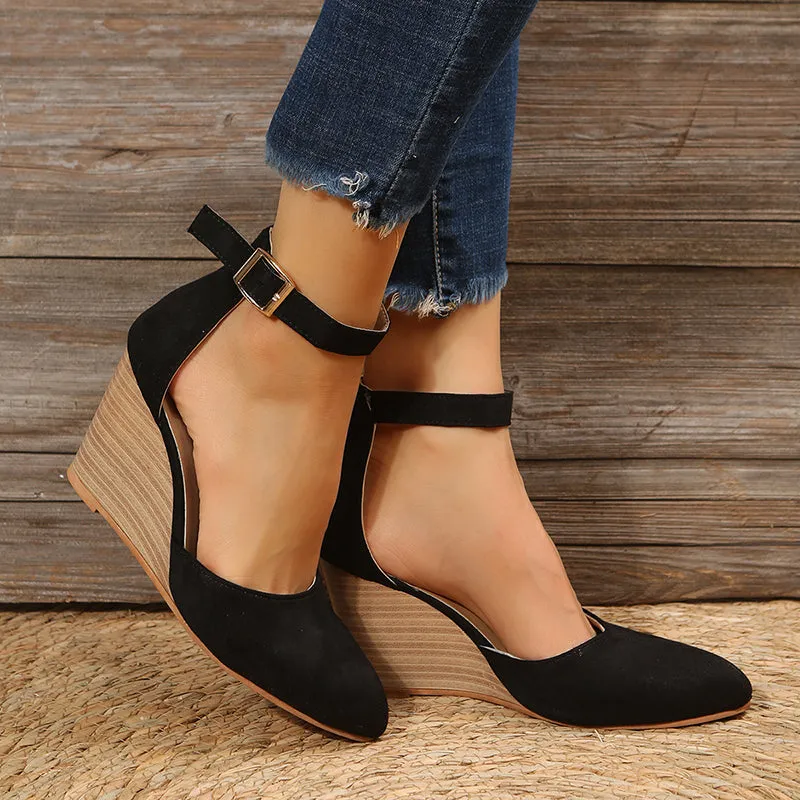 High heel wedge sandals  ankle strap side hollow closed toe sandals