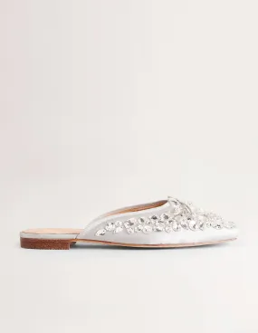 Jewelled Flat Mules-Silver