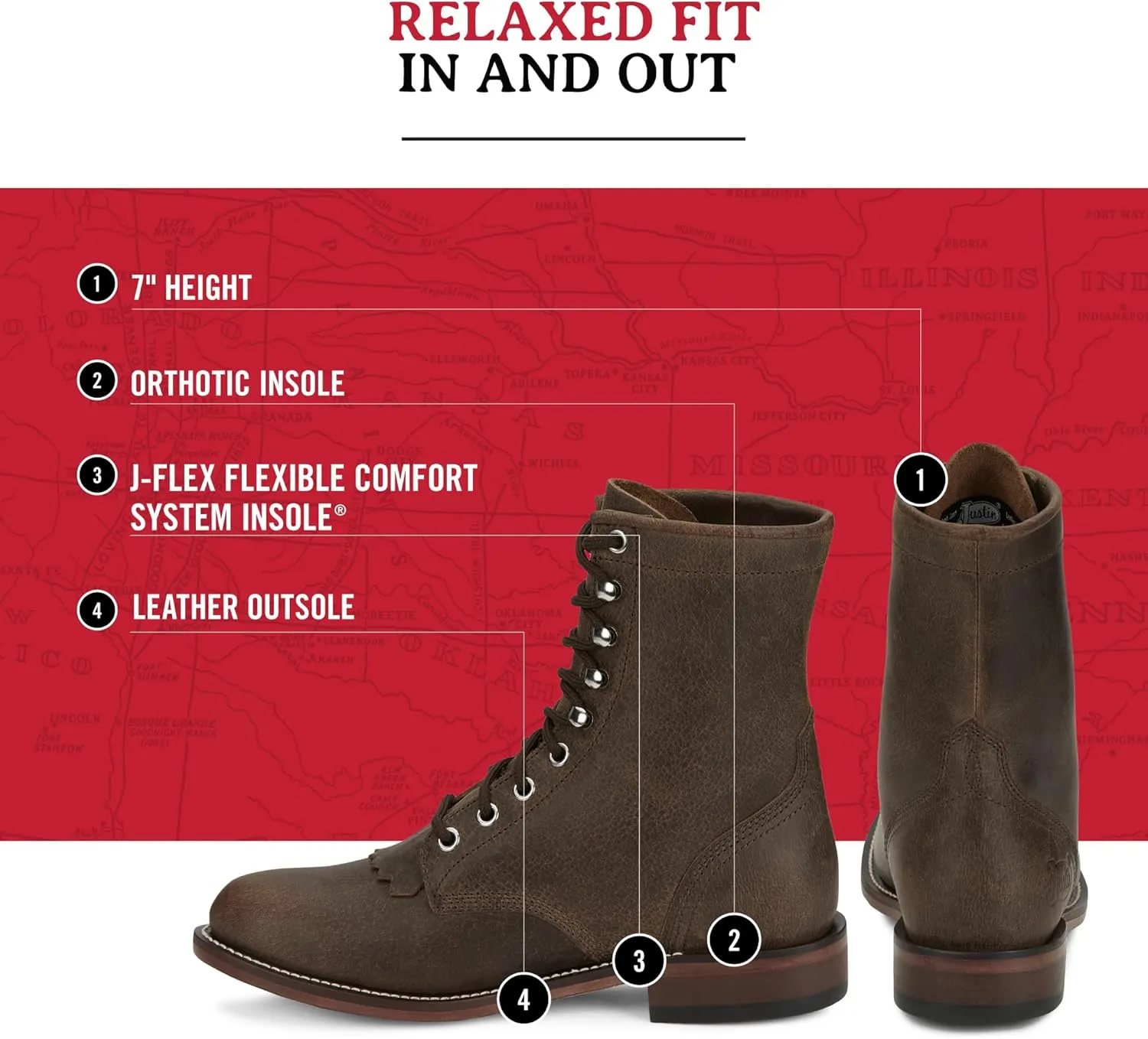 Justin Mckean 7" Lace-Up Roper Women's Western Boot, Durable Leather, Casual Style, Comfortable Footwear